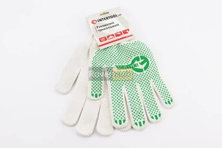 Перчатки рабочие 60% хлопок/40% полиэстер 10", класс вязки 7, белый, с платировкою, зеленая ПВХ точка SP-0126
