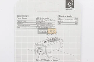 Фонарь передний 1 диод 300 lumen алюминиевый, Li-ion 3.7V 800mAh зарядка от USB, влагозащитный, белый RPL-2255